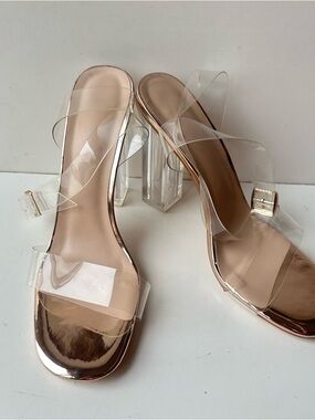 Rose Gold Clear Strap Block Heel Sandals Lucite Chunky Heels Women's Size 10